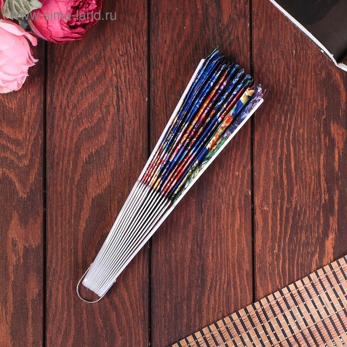 Веер пластик h=23 см "Цветы" изгиб с золотом МИКС