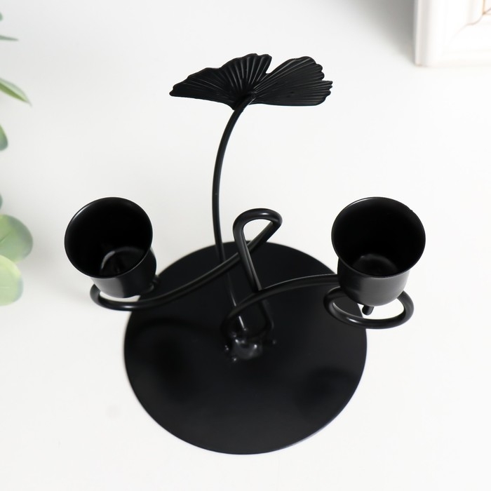 Подсвечник металл на 2 свечи "Лист Гинкго и завиток" d-2,5 см чёрный 11,8х9х13 см