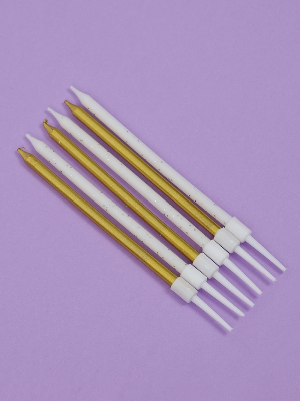 Свечи для торта "Блестящая вечеринка", 6 шт, белый, золотой и белый