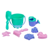 Песочный набор: ведро 1,2 л, лопатка,грабли,4 формочки, лейка 0,2 л, бирюзово-розовый