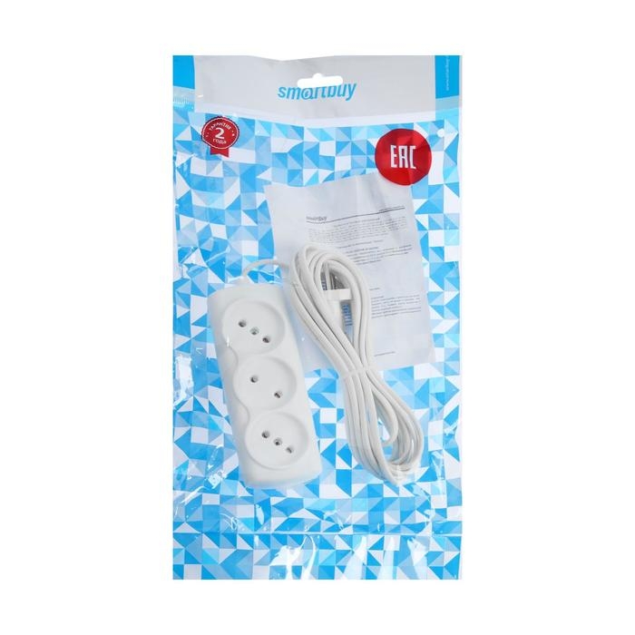 Удлинитель Smartbuy, 3 розетки, 5 м, 6 А, 1300 Вт, ШВВП 2х0.75 мм2, без з/к, белый