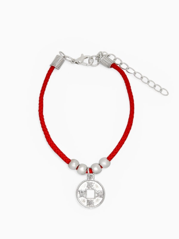 Браслет-оберег &laquo;Красная нить&raquo; одна монета, цвет чернёное серебро, 20 см