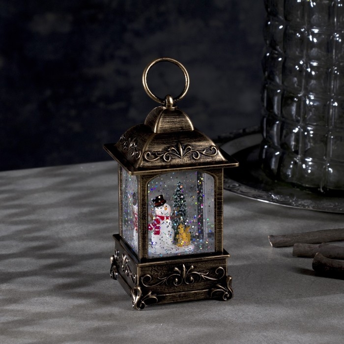 Светодиодная фигура &laquo;Фонарь со снеговиком&raquo; 7.5 &times; 13.5 &times; 7.5 см, пластик, блёстки, батарейки АААх3 (не в комплекте), свечение тёплое белое