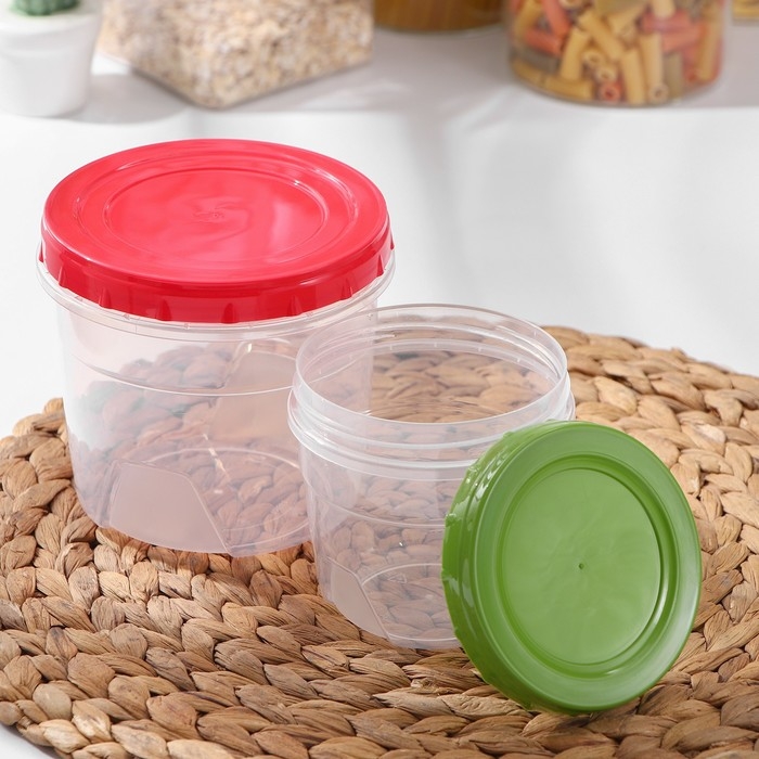 Набор контейнеров круглых с закручивающимися крышками, 2 шт: 500 мл, 1 л, прозрачные, крышки МИКС