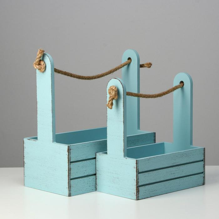 Набор кашпо деревянных 2 в 1 (25.5&times;15&times;30; 20&times;12&times;23) "Прованс", серо-голубой