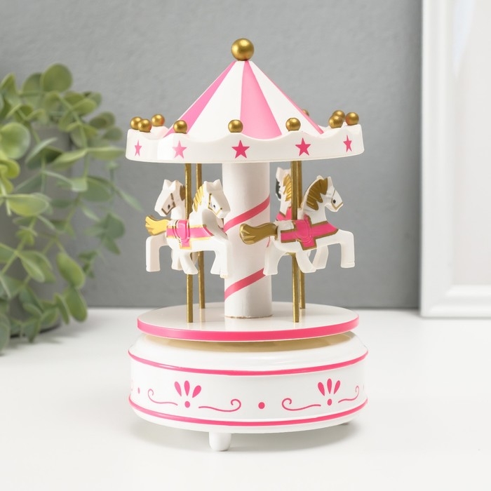 Сувенир пластик музыкальный механический "Карусель - лошадки" бело-розовый 10,5х10,5х17,5 см   10459