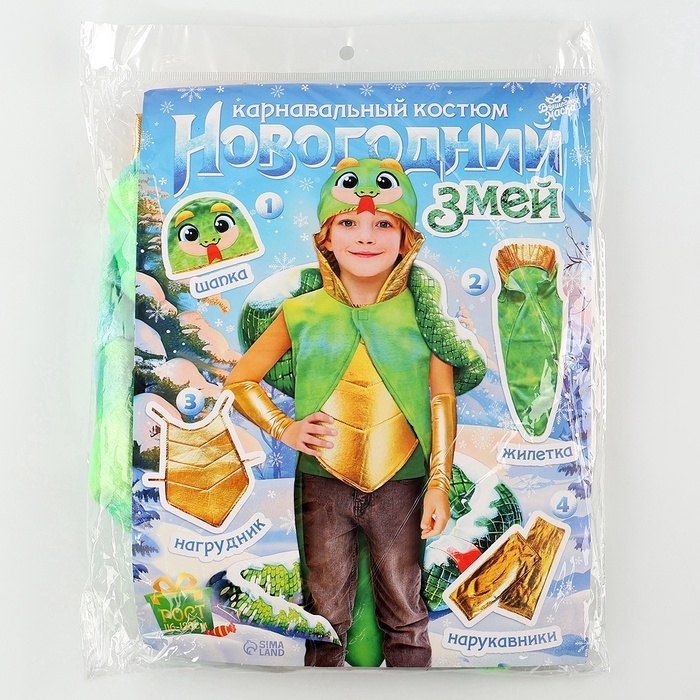 Карнавальный костюм детский «Новогодний змей»: жилетка, нагрудник, шапка, нарукавники, рост 116-128 см Карнавальный костюм детский «Новогодний змей»: жилетка, нагрудник, шапка, нарукавники, рост 116-128 см