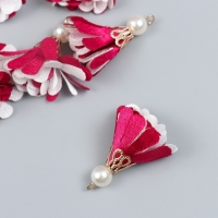 Декор текстиль "Цветок 2 цвета с жемчужиной. Малиновый и белый" набор 6 шт 3 см