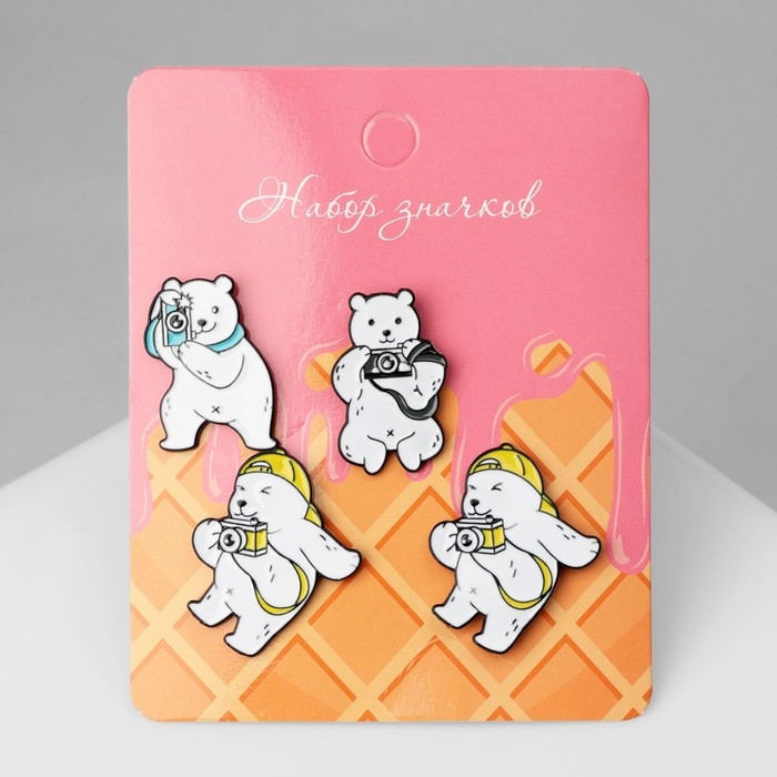 Набор значков (4 шт.) «Медведи», цветной в чёрном металле Набор значков (4 шт.) «Медведи», цветной в чёрном металле