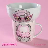 Набор детской посуды из керамики Доляна &laquo;Котик&raquo;, 2 предмета: кружка 230 мл, миска 400 мл, цвет белый