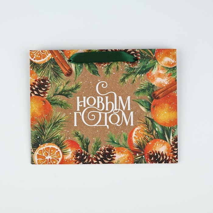 Пакет подарочный новогодний крафтовый вертикальный &laquo;С Новым годом&raquo;, мандарины, MS 18 х 23 х 10 см , Новый год