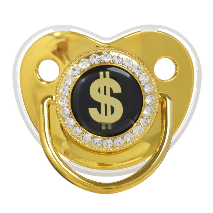 Соска - пустышка силиконовая ортодонтическая &laquo;Доллар&raquo;, от 12 мес., с колпачком, цвет золотой/черный, стразы