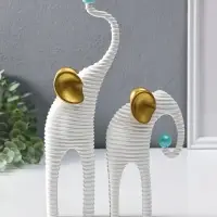 Сувенир полистоун "Слоны. Гофре" белый с золотом набор 2 шт 5х10х16,5 5,5х16,5х29,5 см