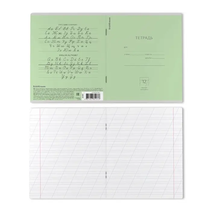 Тетрадь 12 листов в косую линейку ErichKrause &laquo;Классика&raquo;, обложка мелованный картон, зелёная