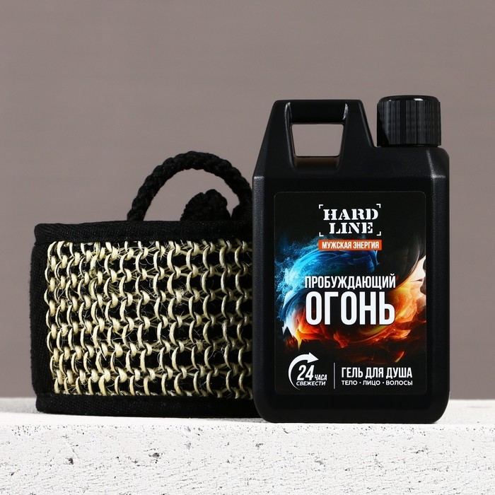 Подарочный набор косметики &laquo;Мужская энергия&raquo;, гель для душа во флаконе канистры 300 мл и мочалка для тела, аромат древесный с пряными нотами, HARD LINE