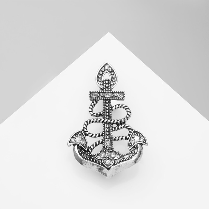 Брошь &laquo;Якорь&raquo; ретро, цвет белый в чернёном серебре