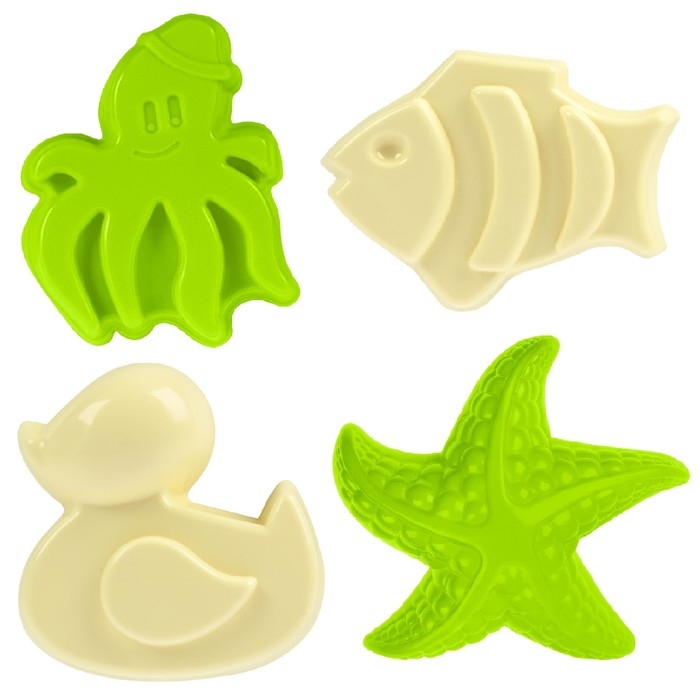 Песочный набор: ведро 1,2 л, лопатка, грабли, 4 формочки, лейка 0,2 л, розово-салатовый