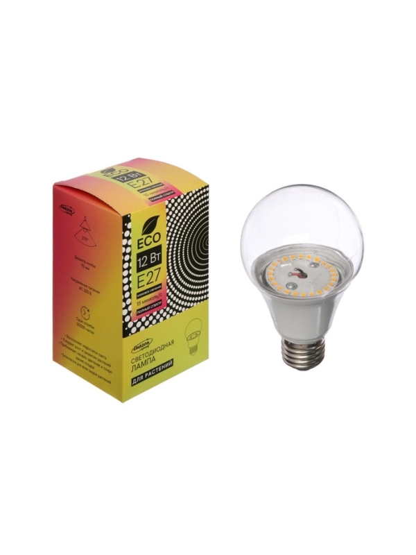 Фитолампа для растений Luazon, светодиодная, А60, E27, 12 Вт, IP44, 220 В, 270&deg;, полноспектральная