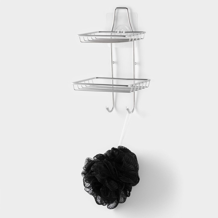 Мыльница 2-х ярусная на липучке Доляна, 2 крючка, 14,5×10×21 см, цвет хром Мыльница 2-х ярусная на липучке Доляна, 2 крючка, 14,5×10×21 см, цвет хром