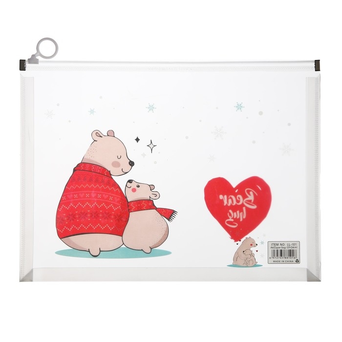 Папка-конверт на молнии формат А4, 180мкр, с рисунком "Медведи", МИКС