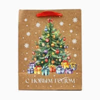 Пакет подарочный новогодний крафтовый вертикальный &laquo;С Новым годом&raquo;, ёлка, MS 18 х 23 х 10 см, Новый год