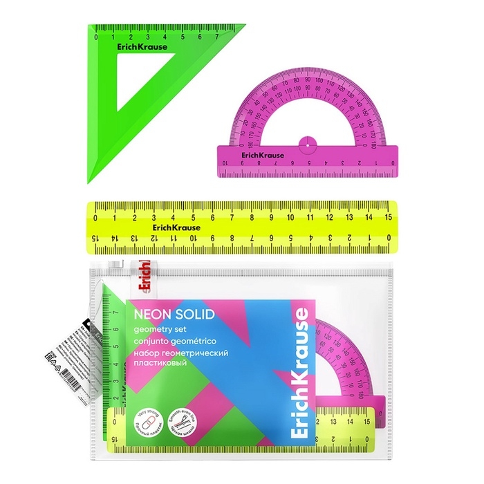 Набор геометрический ErichKrause Neon Solid, пластиковый, малый (линейка, угольник, транспортир), микс из 3 цветов, в zip-пакете