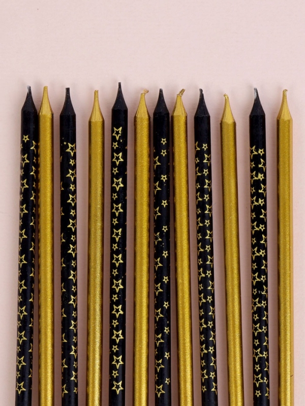 Набор свечей для торта "Звёздочки", 12 шт, золотой и черный