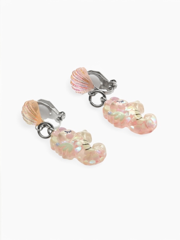 Серьги-клипсы детские "Выбражулька" морской конек с ракушкой перламутр, цвет розово-белый