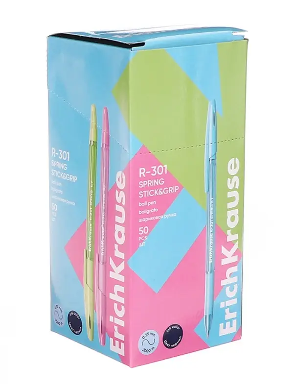 Ручка шариковая ErichKrause R-301 Spring Stick & Grip, узел 0.7 мм, чернила синие, резиновый держатель, длина линии письма 2000 метров,МИКС