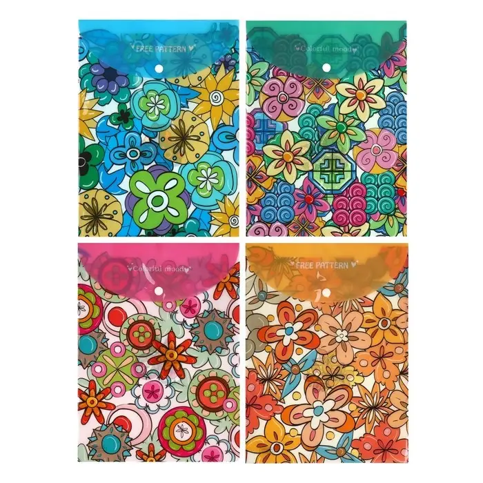 Папка-конверт на кнопке, А4, 180 мкм, "Цветы", МИКС