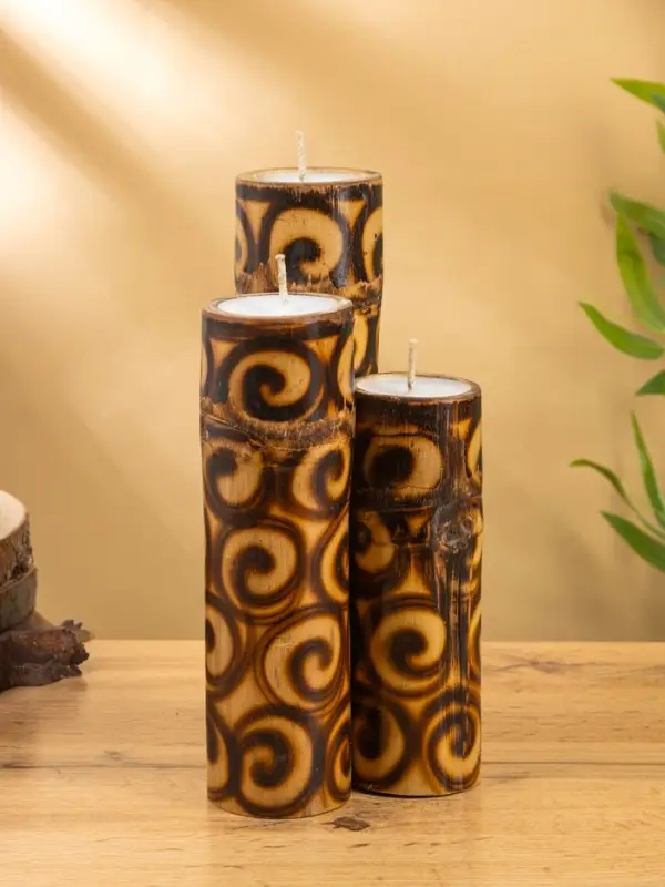 Свеча в бамбуке тройная, 14&times;13&times;30 см, 100 мл, коричневая