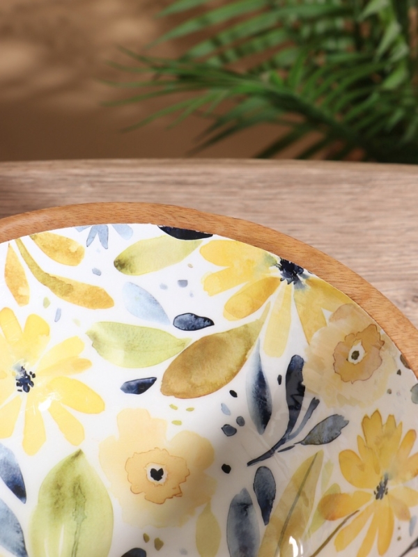 Салатник &laquo;Желтые и синие цветы&raquo;, 25&times;25&times;10 см, дерево манго