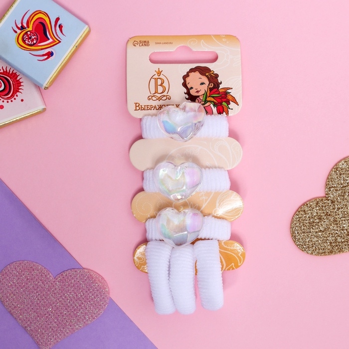 Резинка для волос "Нежность" (набор 6 шт) сердце, 2 см, белый