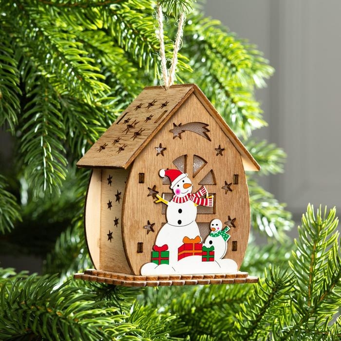 Ёлочная игрушка «Домик со снеговиками», от батареек, свечение тёплое белое Ёлочная игрушка «Домик со снеговиками», от батареек, свечение тёплое белое