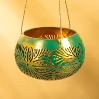 Подсвечник подвесной из кокоса, 14&times;14&times;10 см, голубой с золотым