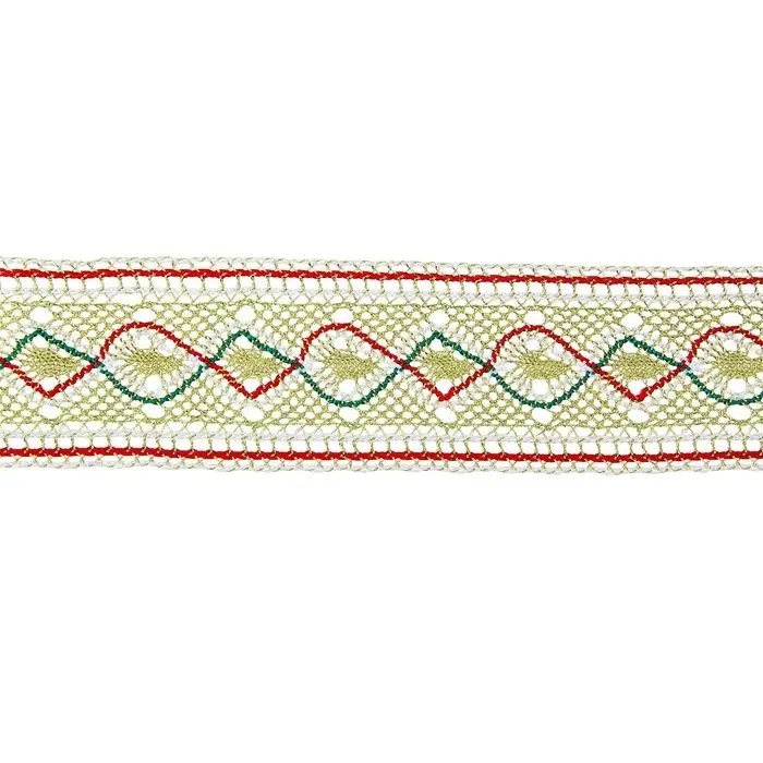 Тесьма плетёная красно бело зелёная на золотом 4,5 см, в упаковке 20 метров
