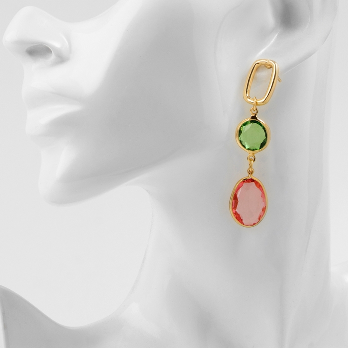 Серьги со стразами &laquo;Блум&raquo; овал с кругом, цветной в золоте