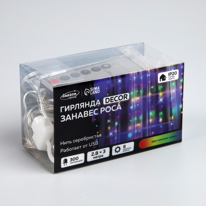 Гирлянда &laquo;Занавес&raquo; 2.8 &times; 3 м роса на крючках, с пультом, IP20, серебристая нить, 300 LED, свечение мульти, 8 режимов, USB