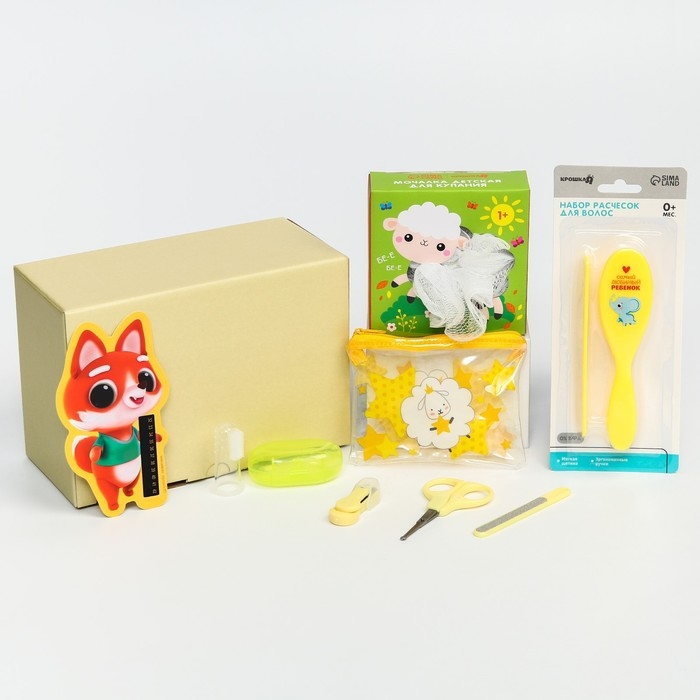 Подарочный набор &laquo;Наше чудо&raquo; 7 в 1: набор расчесок, мочалка, термометр для ванны, маникорный набор: ножнички, пилочка, кусачки, зубная щетка на палец в контейнере