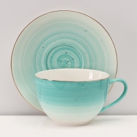 Сервиз фарфоровый чайный Доляна &laquo;Млечный путь&raquo;, 15 предметов: 6 чашек 220 мл, 6 блюдец d=13,5 см, молочник 300 мл, сахарница 350 мл, чайник 1000 мл, цвет бирюзовый