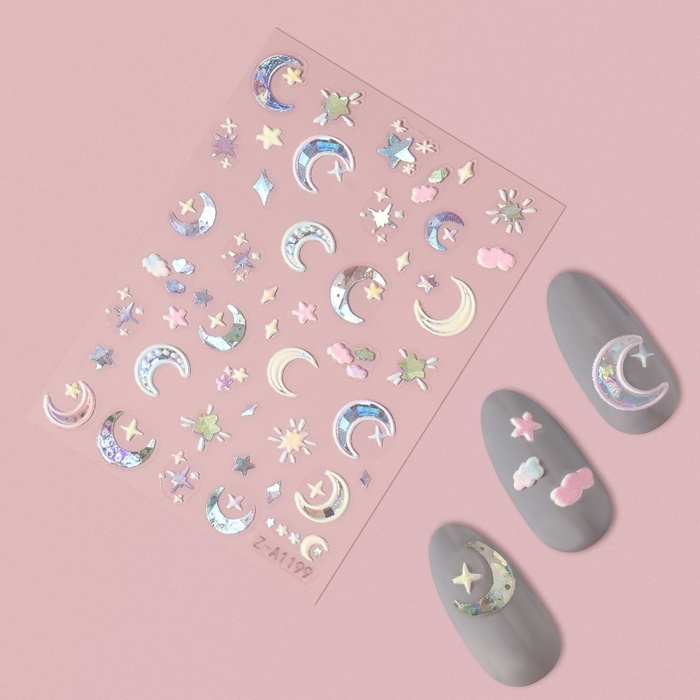 Наклейки для ногтей &laquo;Луна и звёзды&raquo;, объёмные, разноцветные/голографические