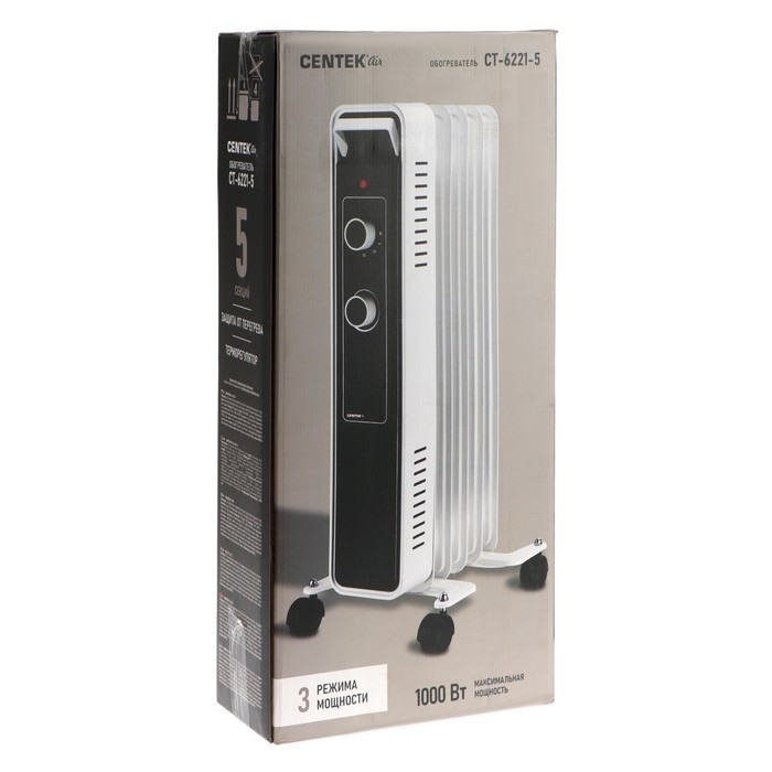 Обогреватель Centek CT-6221-5, масляный, напольный, 1000 Вт, 12.5 м&sup2;, 5 секций, бело-чёрный