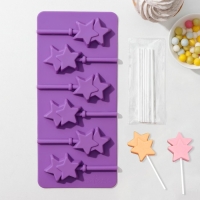 Форма для леденцов новогодний Доляна &laquo;Звёзды&raquo;, силикон, 24&times;11&times;1 см, 6 ячеек (5,2&times;4 см), с палочками, цвет МИКС