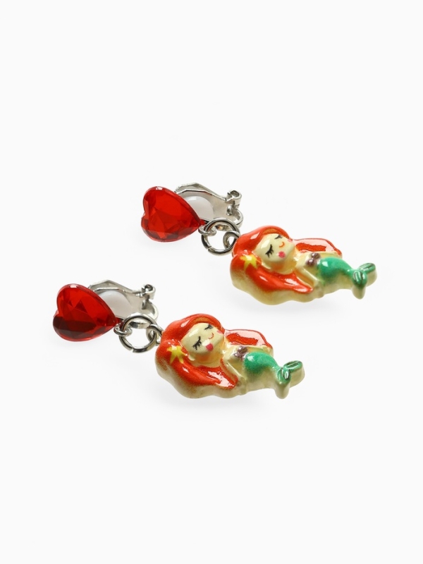 Серьги-клипсы детские "Выбражулька" русалочка с сердцем кристалл, цветные