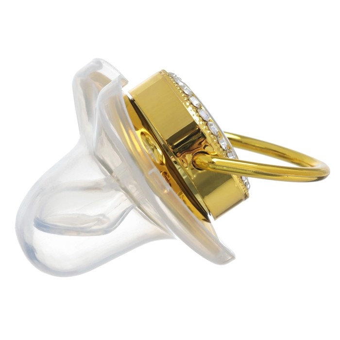 Соска - пустышка силиконовая ортодонтическая &laquo;Бриллиант&raquo;, от 6 мес., с колпачком + держатель - цепочка, цвет золотой/черный, стразы