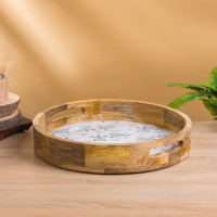 Поднос круглый с бортиками "Черепаха и цветы" дерево манго 35х35х6,5 см