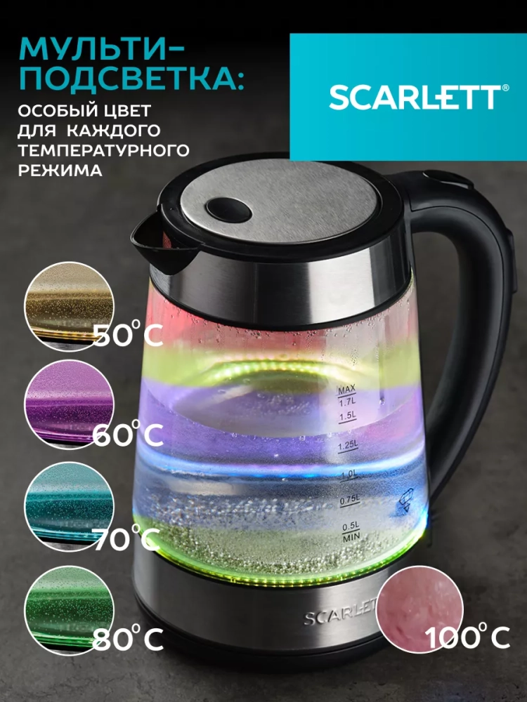 Чайник электрический 2200 Вт с мульти-подсветкой 1,7 л