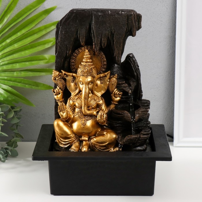 Фонтан настольный от сети, подсветка Фонтан настольный от сети, подсветка "Золотой Ганеша в гроте" 25х20х33 см