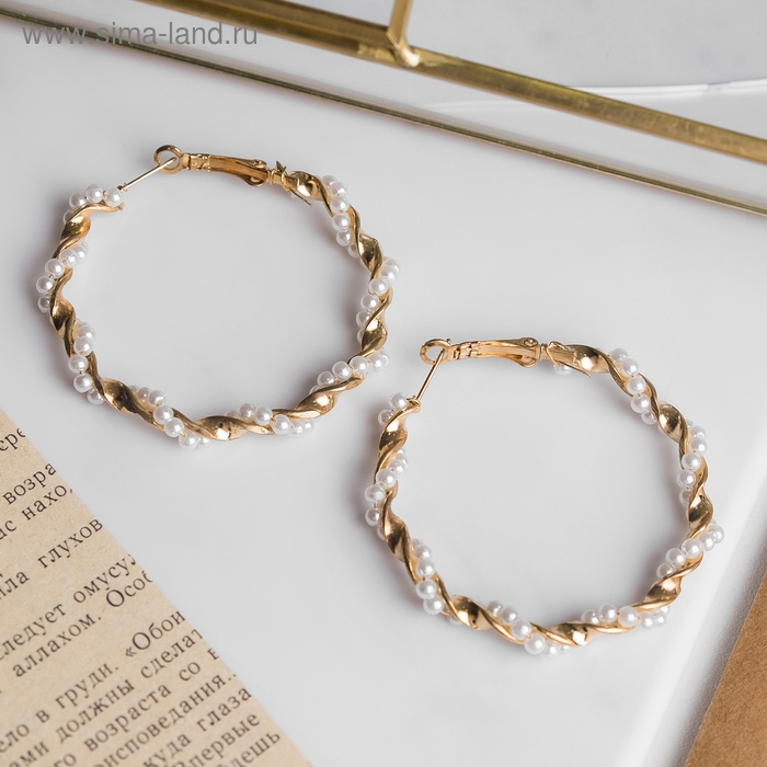 Серьги-кольца &laquo;Жемчужная нить&raquo; d=5 цвет белый в золоте