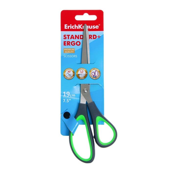 Ножницы Standard+ Ergo, 19 см, лезвия из нержавеющей стали, антискользящие резиновые вставки, ударопрочный пластик, блистер, МИКС